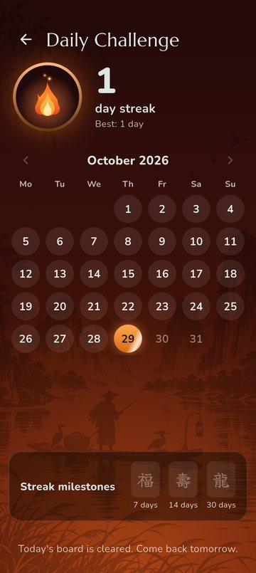 The Daily Challenge calendar with the streak and streak milestones